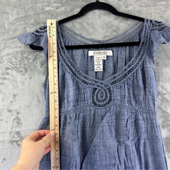 Studio M Dress Women’s XS Chambray Blue Babydoll Lace Detail Neckline Cap Sleeve - Picture 6 of 10